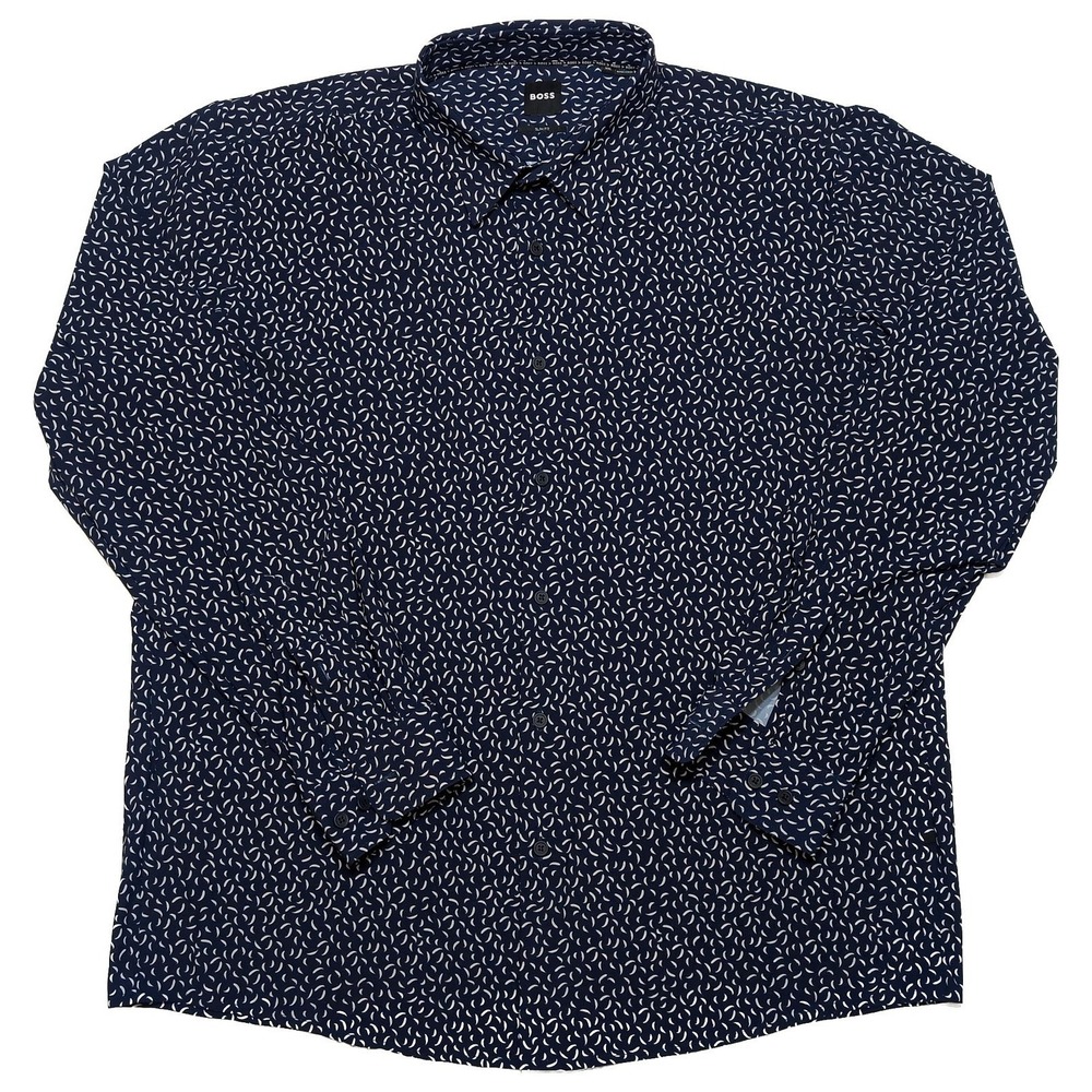HUGO BOSS Long Sleeve Performance Shirt Roan Kent C Blue AOP XXL 2XL Slim Fit